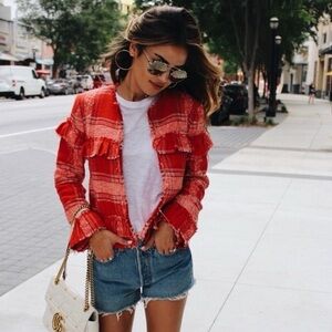 Zara red fringe plaid cropped open front blazer jacket casual workwear artsy XS